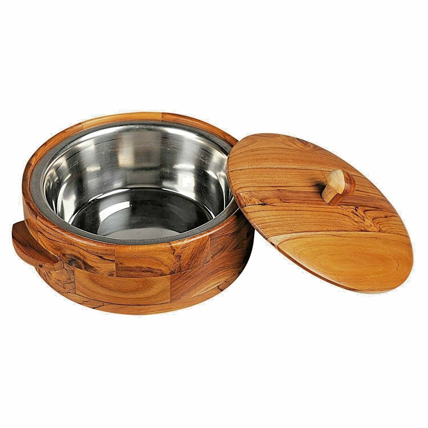 Wooden Casserole Chapati Box Wood Kitchen Container with Steel box, Brown